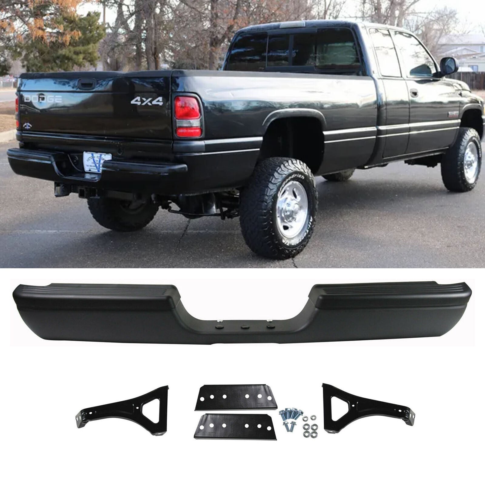 SUPAPRO Black Steel Rear Step Bumper Assembly for 94-2002 Dodge RAM 1500 2500