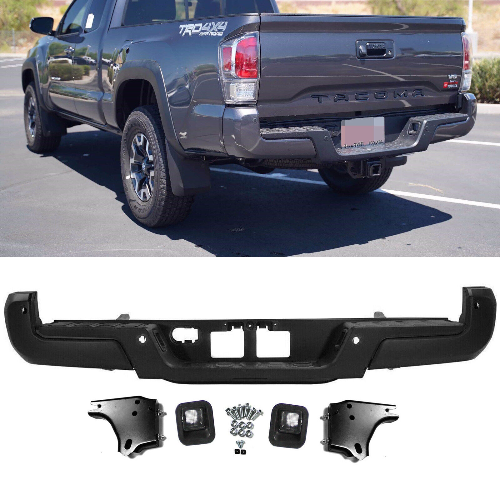 SUPAPRO Black Rear Step Bumper w/Parking Aid Sensor Holes for 2016-2020 Toyota Tacoma